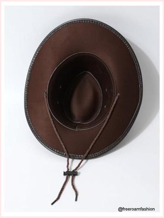 Faux Leather Cowboy Hat with Lanyard Wide Brim Western Cowgirl Hat